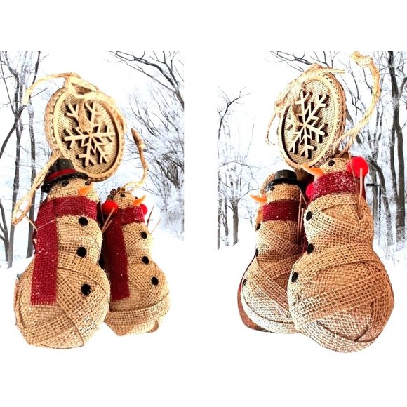 Vintage Handmade Snowflake Mr Mrs Snowman Ornaments Set of 3 Burlap One … - Picture 4 of 12
